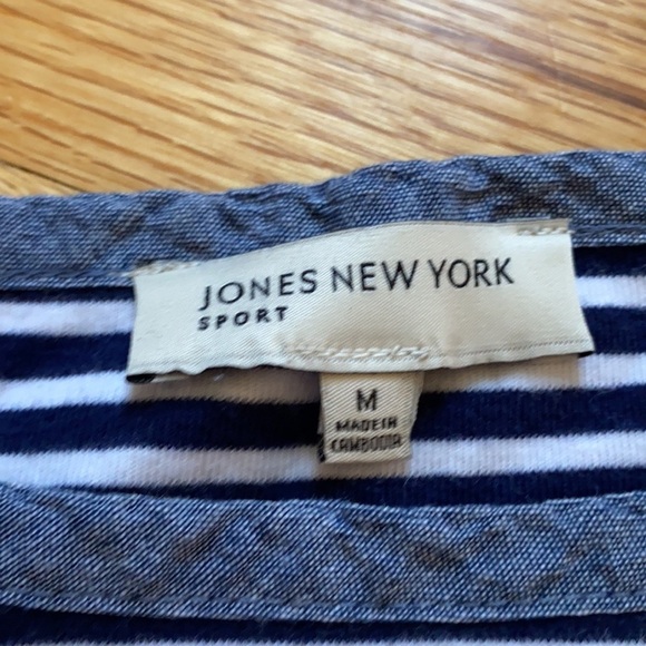 Jones NY navy white stripe 3/4 sleeve top denim chambray elbow patches boat neck - Picture 5 of 6